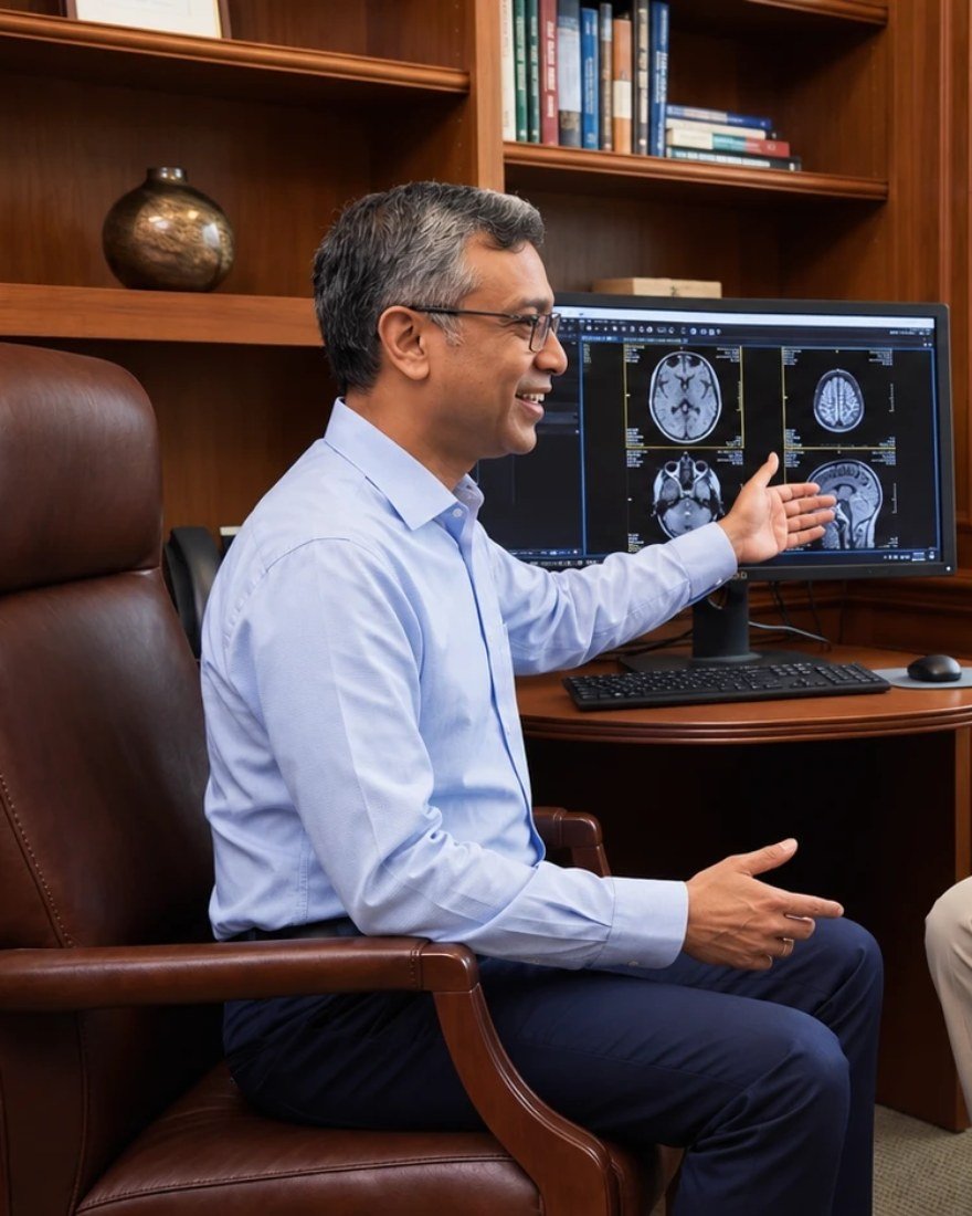 Illustration: imaging and clinical data reviewed on screen during a consultation.