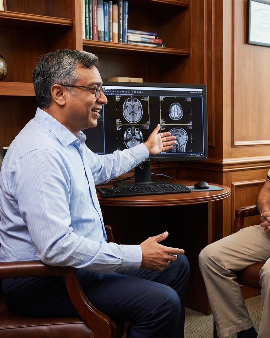 Illustration: endocrine imaging discussed with a patient during review.