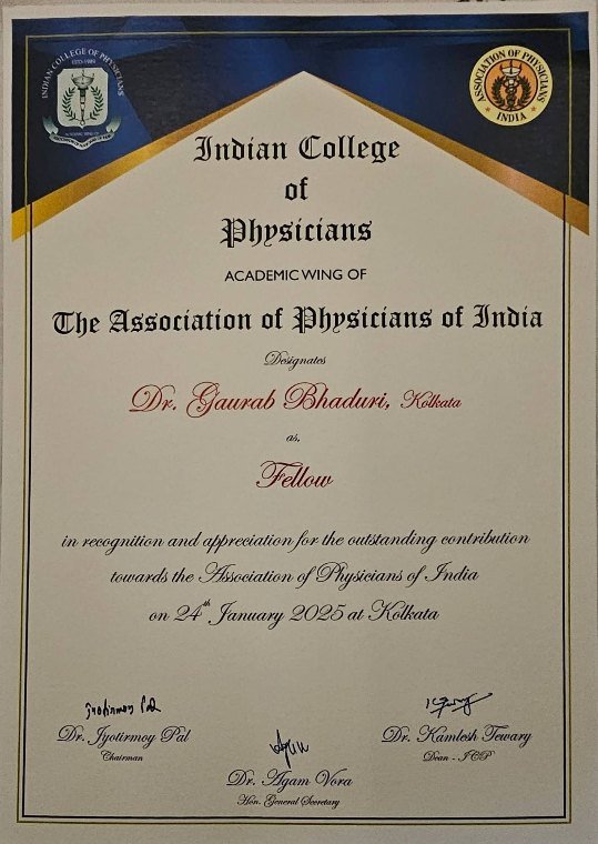 Certificate designating Dr. Gaurab Bhaduri of Kolkata as a Fellow of the Indian College of Physicians, academic wing of the Association of Physicians of India.