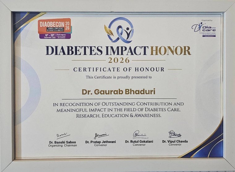 Certificate of Honour presented to Dr. Gaurab Bhaduri &mdash; Diabetes Impact Honor 2026, DIAOBECON, Ahmedabad.