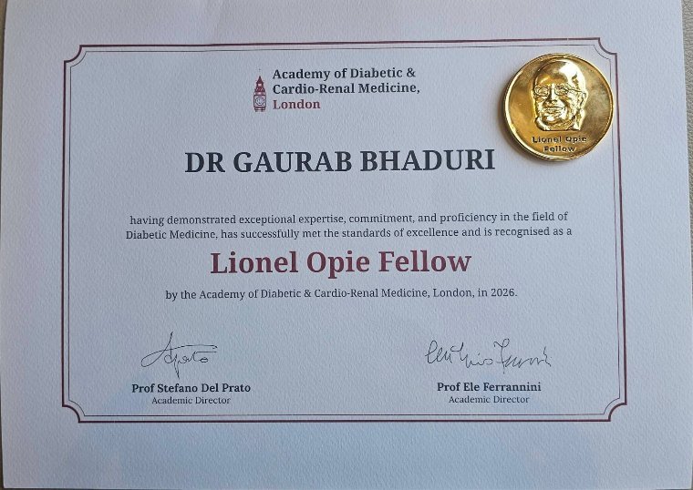 Certificate recognising Dr. Gaurab Bhaduri as a Lionel Opie Fellow, Academy of Diabetic & Cardio-Renal Medicine, London, with the fellowship medal.
