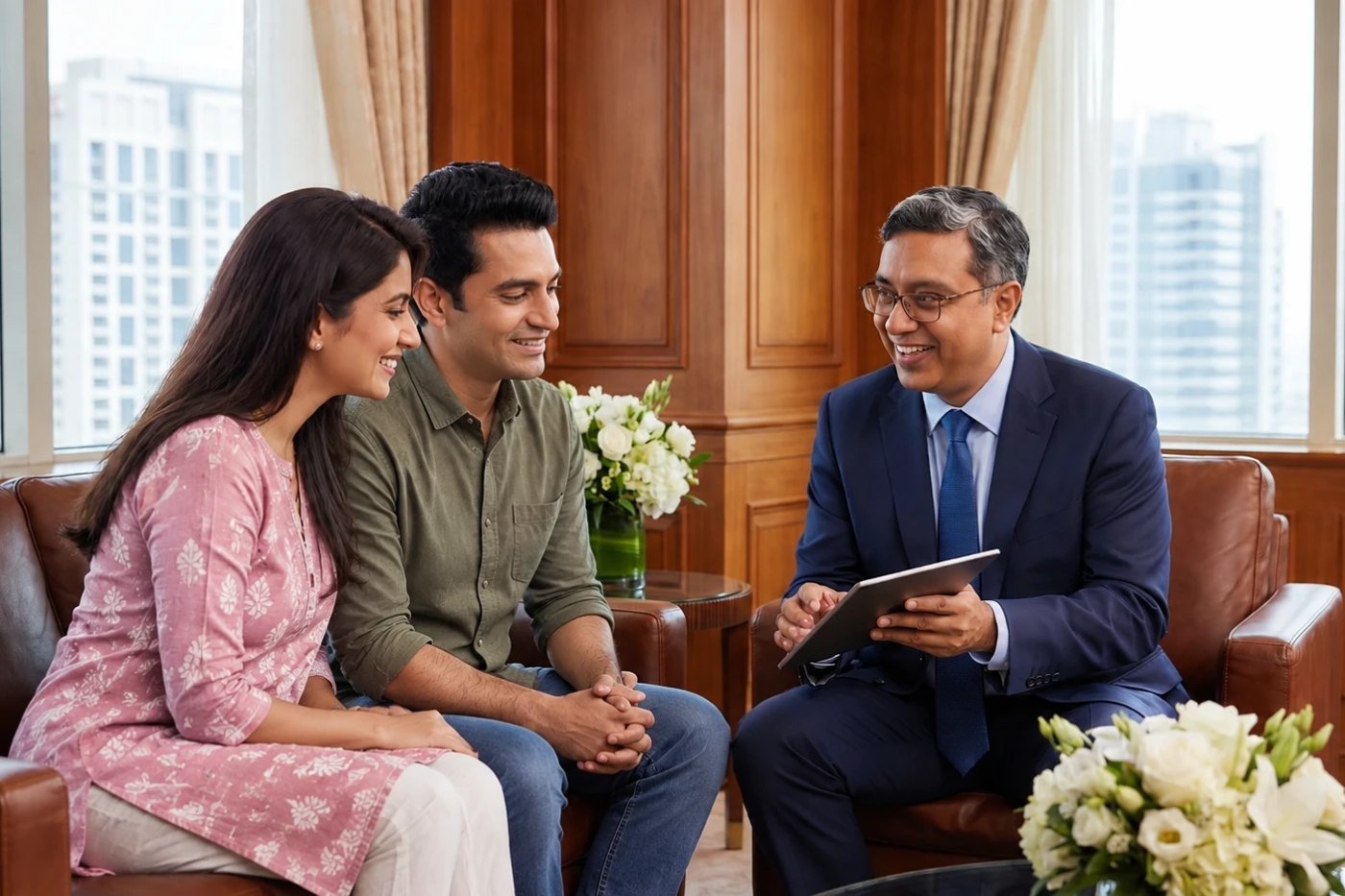 Illustration: a couple in consultation with a clinician reviewing results on a tablet.